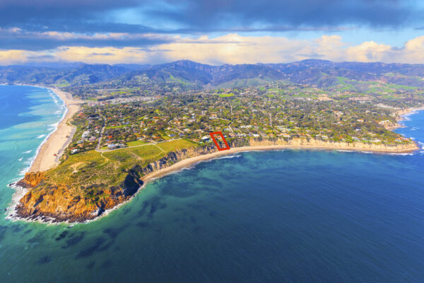 Aerial view of Point Dume and Westward Beach with stormy sky in scenic Malibu California.
